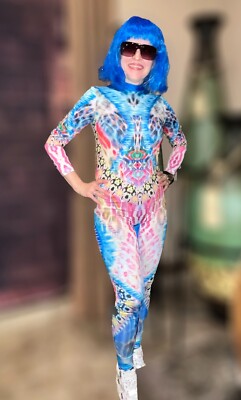 Women's Cosmos Skinny Cosplay Jumpsuit Bodysuit Blue Wig