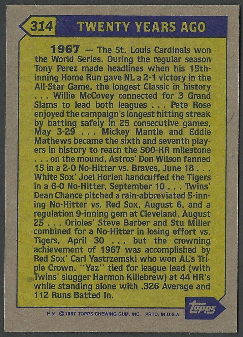 1987 Topps - Turn Back The Clock Carl Yastrzemski #314 for sale
