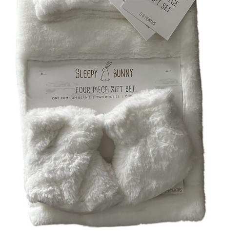 SLEEPY BUNNY 4 pc Soft Ivory Baby Blanket Hat & Booties Gift Set 0-6M - Picture 3 of 5