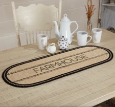 Farmhouse Black Tan Jute Braided Table Runner Stenciled Cottagecore Primitive