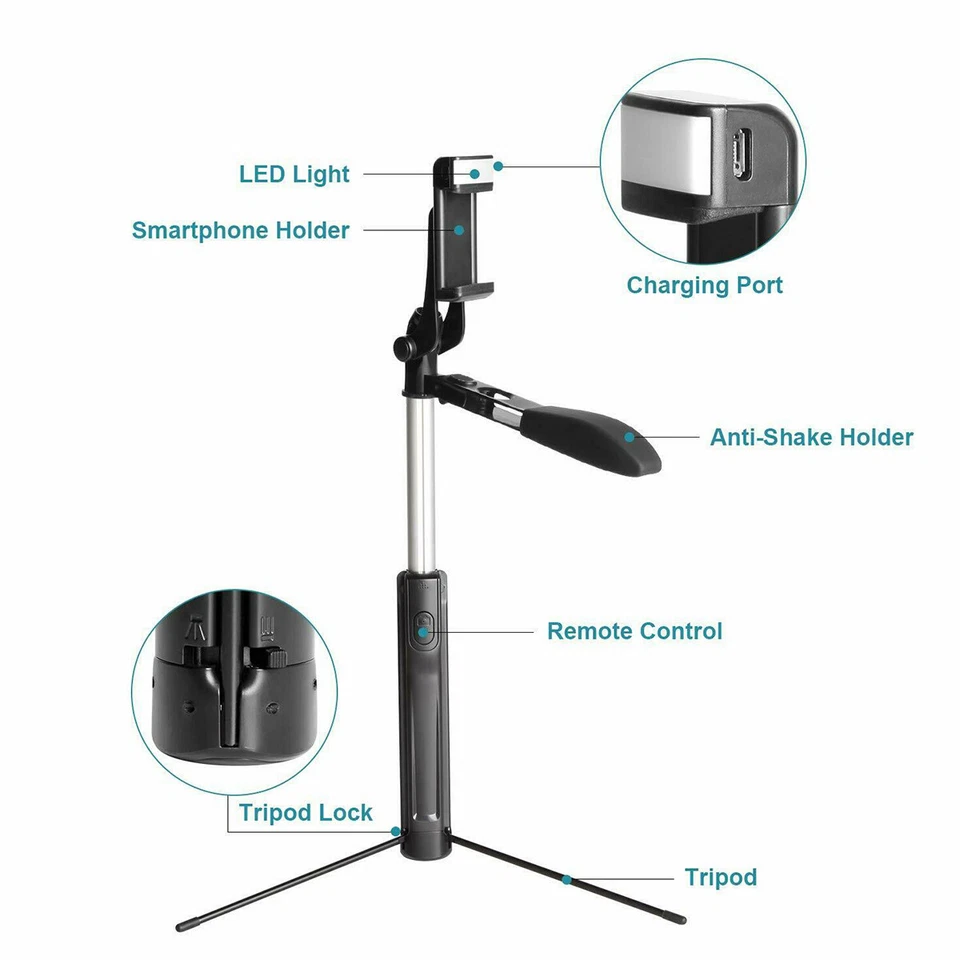 Gimbal Stabilizer Bluetooth Remote Foldable Selfie Stick Tripod Monopod w/LED US - Image 3 of 4
