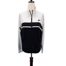 Vintage Nike Jacket Womens M Black White Track Stripe Logo Full Zip Pockets EUC