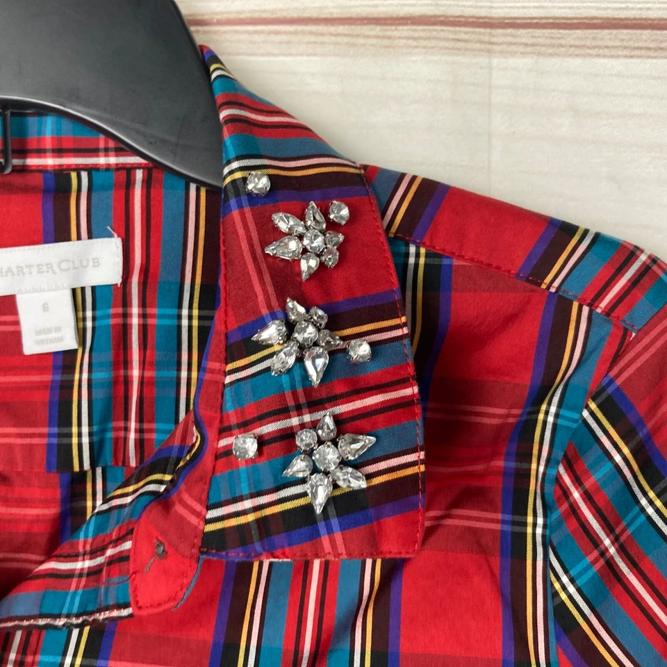 Camiseta Charter Club para mujer 6 roja tartán escocesa cuello abotonado estrás Foto 4 de 4