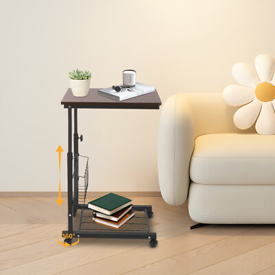 2 Tiers Red Walnut Color Mobile Standalone Adjustable Bed Side Table w/ Wheels