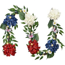 6FT 4th of July Garland with Lights for Mantle, Red White Blue Patriotic Hydrang