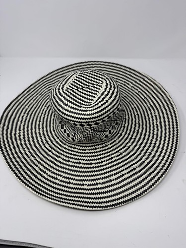 J.Crew Women’s Black/White Woven Straw Sun Hat Wide Brim M/L NWT