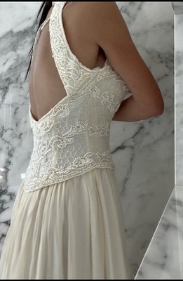 Vintage 90s Ivory Beaded Halter Gown Open Back Prom Formal Sequin  Embroidered | eBay