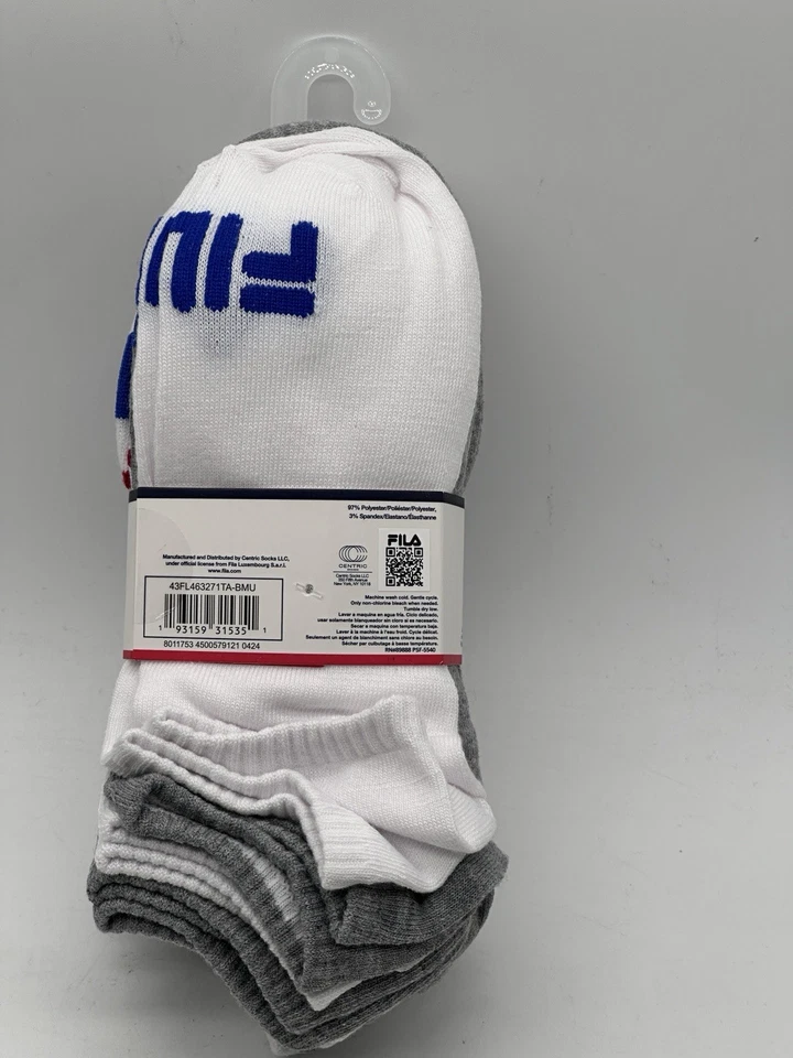 NUEVO PAQUETE DE 12 PARES DE CALCETINES FILA NO SHOW PARA HOMBRE TALLA 6-12 BLANCO/GRIS/AZUL/ROJO Foto 3 de 4