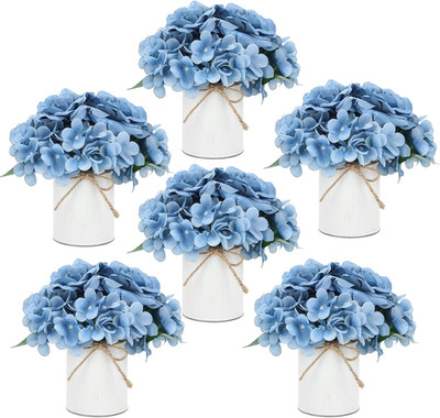 Set of 6 Dusty Blue Hydrangea Centerpieces in Rustic Metal Vases