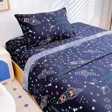 Twin Sheets Set Kids - 3 Pieces Space Rocket Universe Navy Sheets for Boys