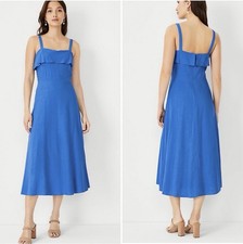 Ann Taylor Blue Woven Midi A-Line Dress Sleeveless Square Neck Ruffle Size 6