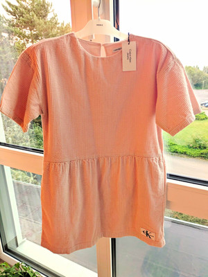 Calvin Klein Jeans Shirtkleid Cord Midi rosa Kurzarm Rundhals Logo Taschen