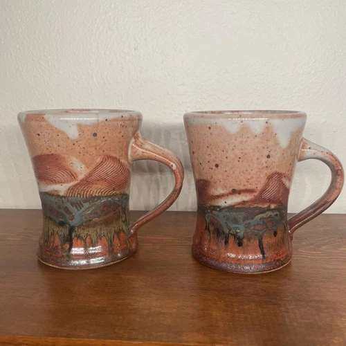 Pair Vintage Studio Pottery Coffee Cup Mugs Artist Signed Drip Glaze Hand Thrown