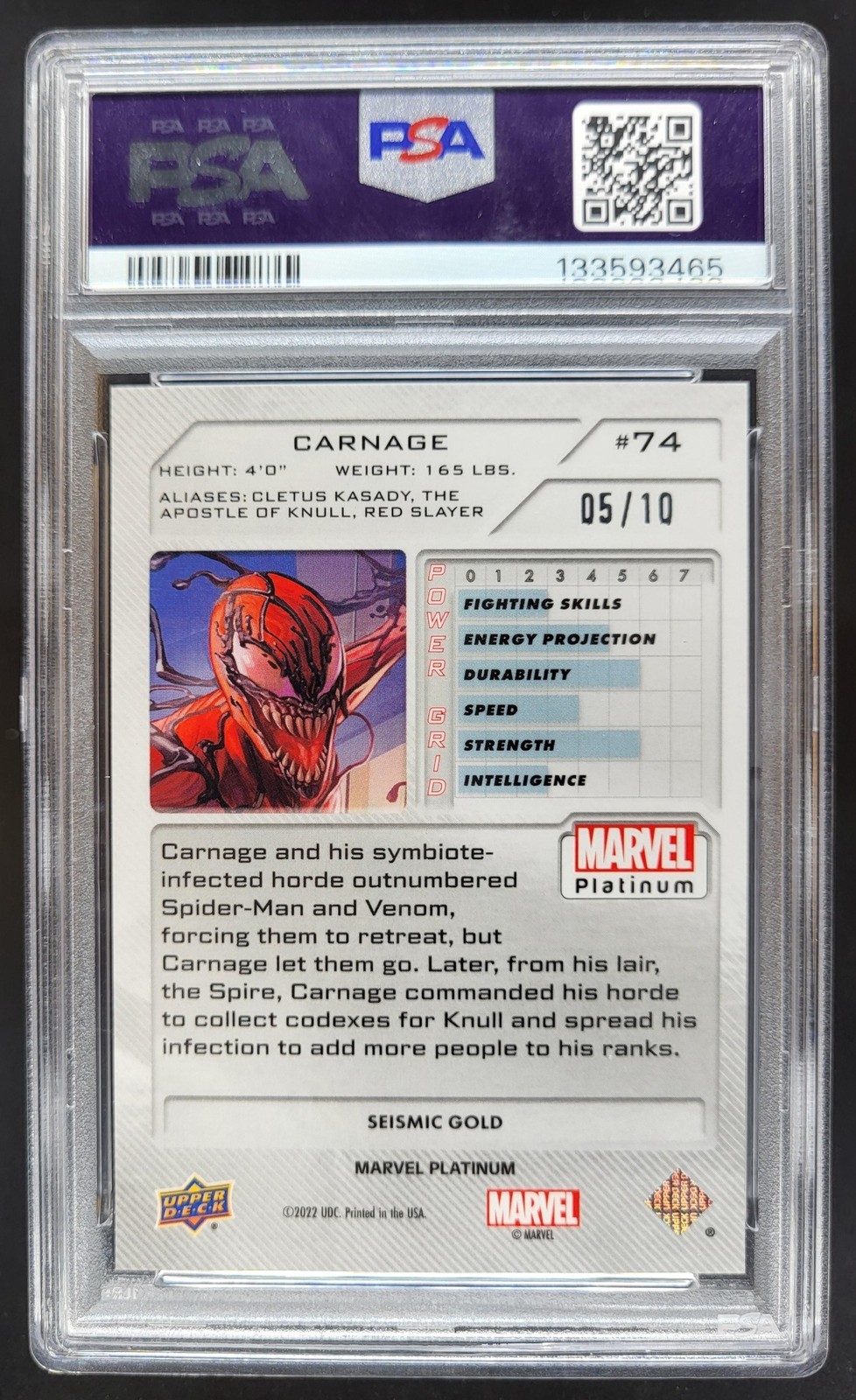 2023 Upper Deck Marvel Platinum Carnage Seismic Gold /10 #74 PSA 10 RW3 view 2