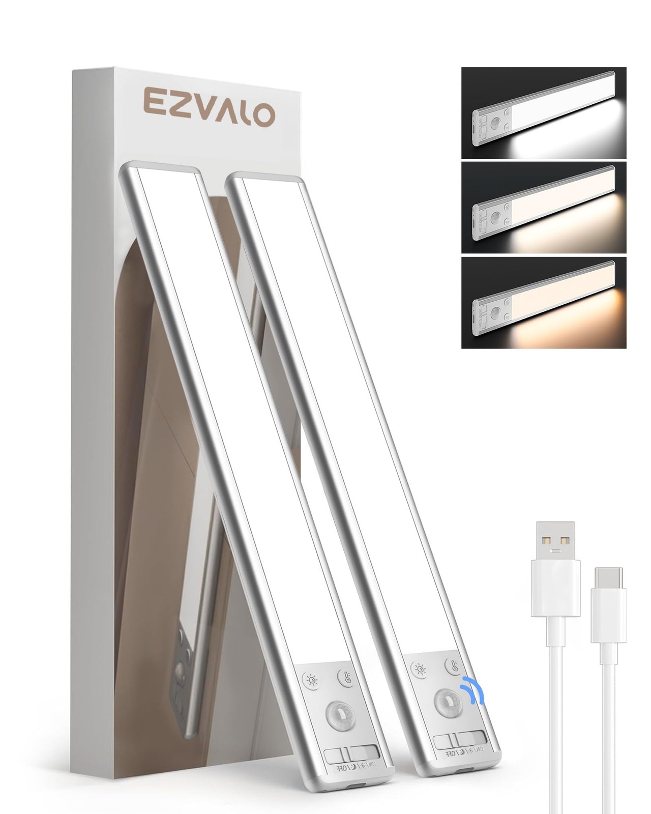 EZVALO Under Cabinet Kitchen Lights, 80 LED Motion Sensor Lights 25cm, Silver