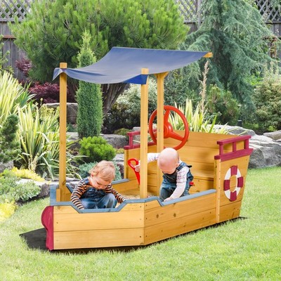 Pirate Ship Sandbox with Cover and Rudder, Wooden Sandbox with Storage Bench