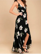 Lulus NWT All Mine Black Floral Print High-Low Lined Maxi Wrap Dress Size XS