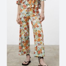 ZARA Women's Flowy Floral Printed Pants Size S Blue