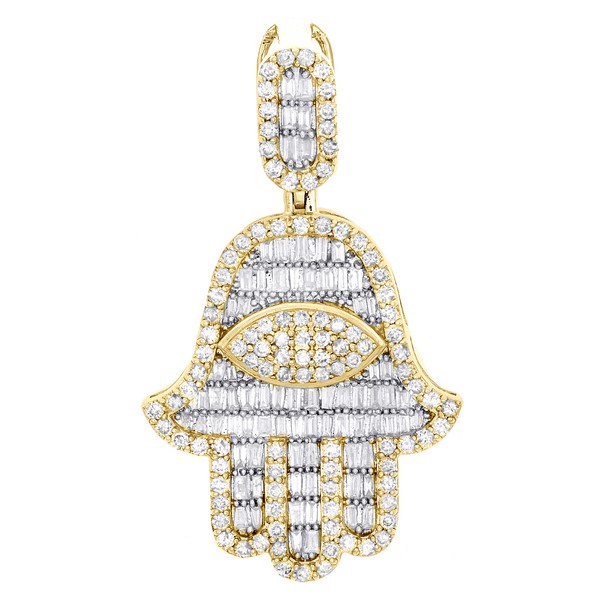 "10K Gelbgold Rund Und Baguette Diamant Hamsa Hand AnhäNger 1,75\" Charm 2,12 Ct"-image
