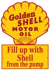 GOLDEN SHELL MOTOR OIL FILL UP CLAM 22" HEAVY DUTY USA METAL ADVERTISING SIGN