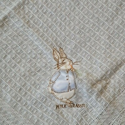 White Beatrix Potter Peter Rabbit Baby Shawl Blanket Acrylic Knit Fringe  Satin