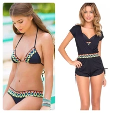 NWT Luli Fama Sexy Ocean Spell Navajo Romper Med or Sm Cheeky Bikini Set Black