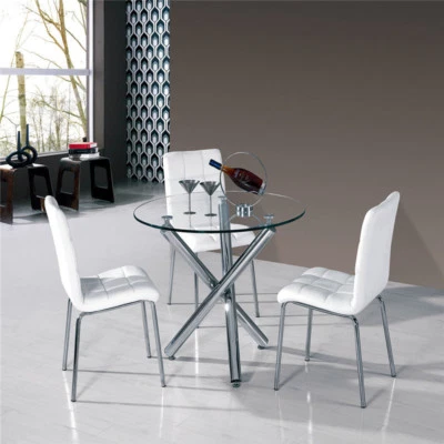 HOMEGARDENHARMONY KITCHEN 2-4 SEATS DINING ROOM CHROME GLASS ROUND DINNER TABLE AND 2 CHAIRS SET
