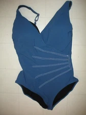 GOTTEX Denim Blue Splendid 1 Pc V Neck Surplice Style Swimsuit Sz 14 NWT