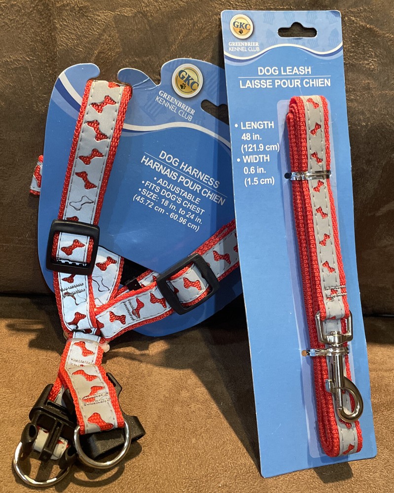 DOG HARNESS 18” To 24” SZ M & MATCHING LEASH 48” RED W/BONES SUPER CUTE!!