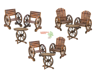 Details About Wood Wagon Wheel Themed Set Garden Furniture Chair Table Yard Decor