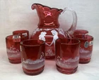 Fenton Art Glass Hand Painted 7 PC Cranberry Water Set " Puppy Love "  LIMITED