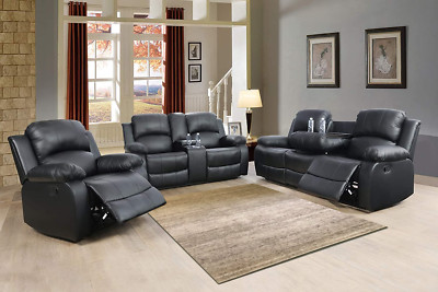 NEW Black Leather 3PC Sofa Loveseat Chair 5-Recliner Set 4 Cupholders 2 Console