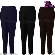 LADIES WOOL TOUCH TROUSERS HALF ELASTICATED WAIST POCKET PANTS PLUS SIZES