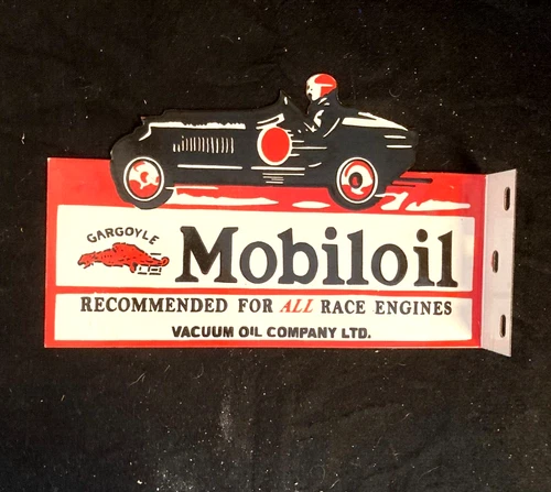 Vtg Art MOBILOIL GARGOYLE VACUUM OILPORCELAIN ENAMEL FLANGE SIGN Rare Advertisin