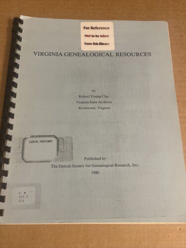 1980 Virginia Genealogical Resources CLAY Virginia State Archives - Afbeelding 1 van 6