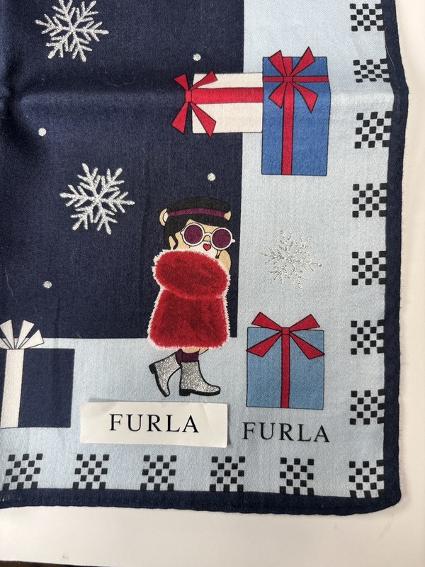 Furla Handkerchief Scarf Bandana Blue, Red, Cream Check Snowflake. Cotton. New