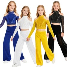 Kids Girls Crop Top With Pants Figure Ice Skating Dance Costume 2 Pieces Sets