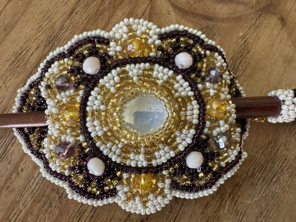 Handmade Tibetan Tribal Hair Stick Bun Pin Glass Beaded Gypsy Boho Leather Back - Image 2 of 4