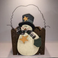 Christmas Wood SNOWMAN Planter BOX W/WIRE HANDLE Yellow Star Design Primitive