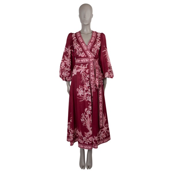 73261 authentisches ZIMMERMANN Rhabarber Vogel Leinen 2023 TIGGY FLORAL WICKELKLEID 0 XS