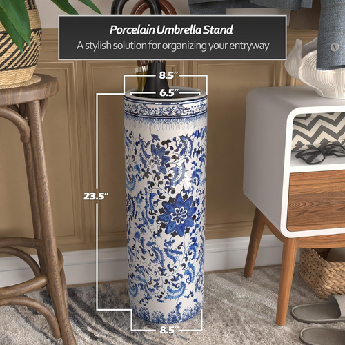 24" Floral Blue & White Porcelain Umbrella Stand - Picture 4 of 7