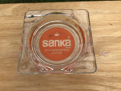 Sanka Coffee Orange Glass Ashtray VINTAGE Caffein Free Advertising Advertisement