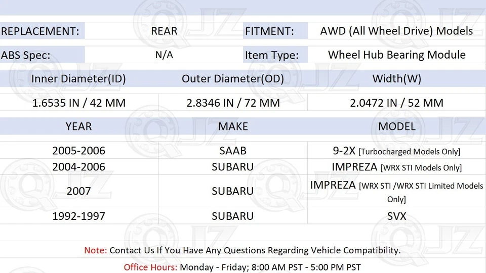[TRASERO (cantidad 1)] Unidad de cojinete de cubo de rueda para Subaru SVX cupé 1992-1997 modelo AWD Foto 2 de 4