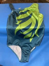 Vogue Fashion Gymnastics Leotard Lime Teal shiny Size 8 Rhinestone