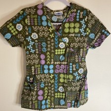 SB Scrubs Scrub Top Medical Uniform Black Floral Peace Mock Neck XS