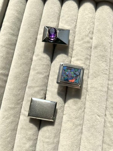 Cufflinks Japan Vintage Solid Silver Amethyst Opal Gemstones Men's Jewelry 70s - Picture 6 of 9