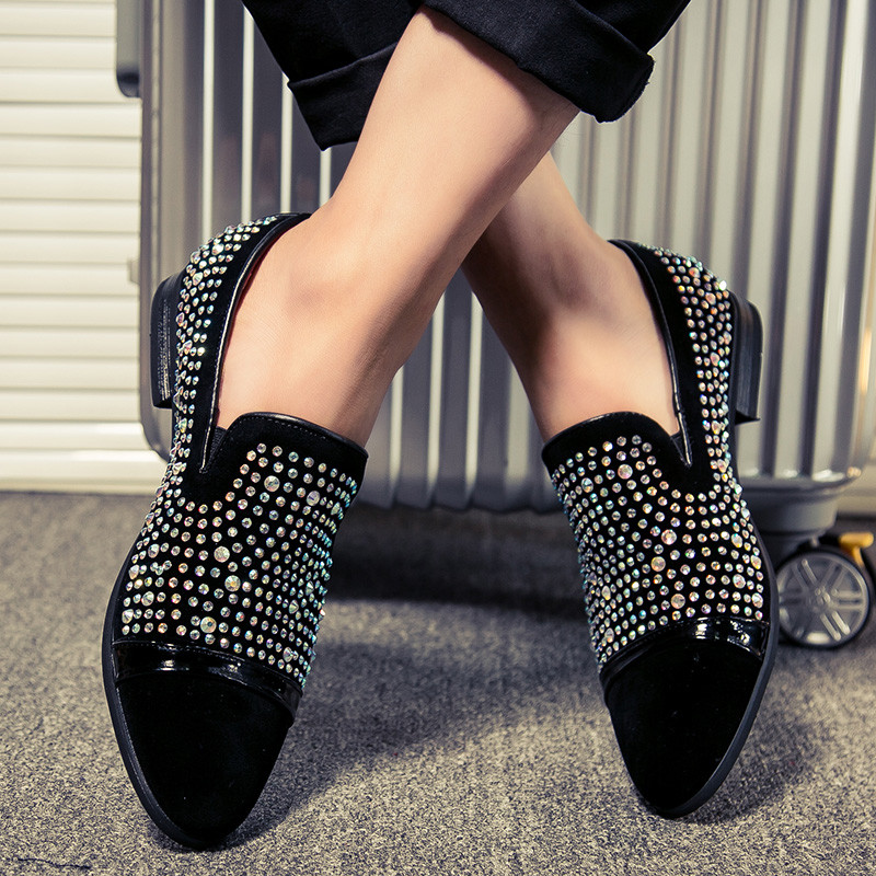 Men Rhinestone Dress Shoes Pointed Toe 