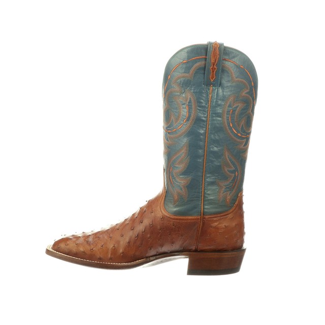 Handmade Men's Tan & Blue Ostrich Print Leather Cowboy Mexican Western