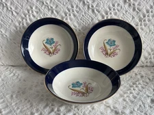 3-TAYLOR SMITH Taylor 6.5” Berry/Fruit Bowls Flower Cobalt Blue Edge Gold Trim