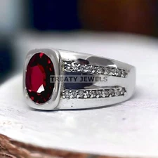Garnet Oval Cut Gemstone With 925 Sterling Silver Ring For Men's #727